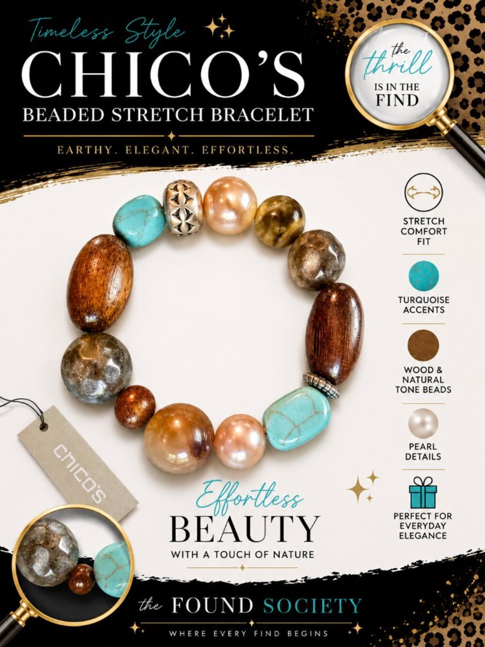 Chico's NWT Brown Turquoise Beaded Stretch Bracelet | Artisan Statement